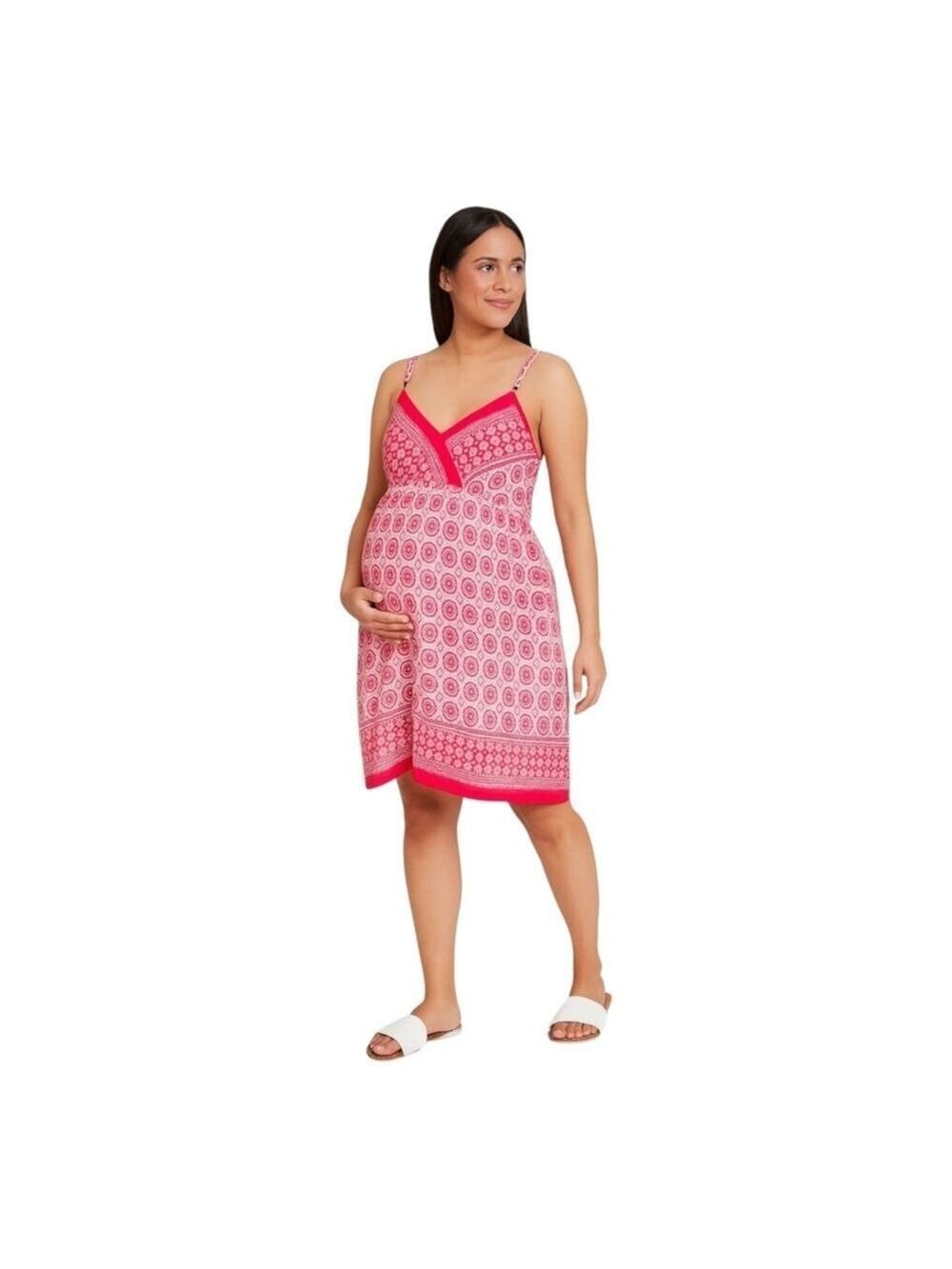 Motherhood Maternity Spaghetti Strap Crossover Pink & White Bandana Print Dress